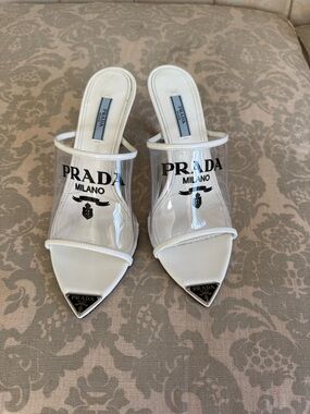 Prada White Clear Logo PVC Pointed Toe Slide Mules